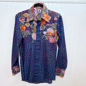 Chute #1 1970s Vintage Navy Blue Floral Pearl Snap Western Shirt Men’s 15/33